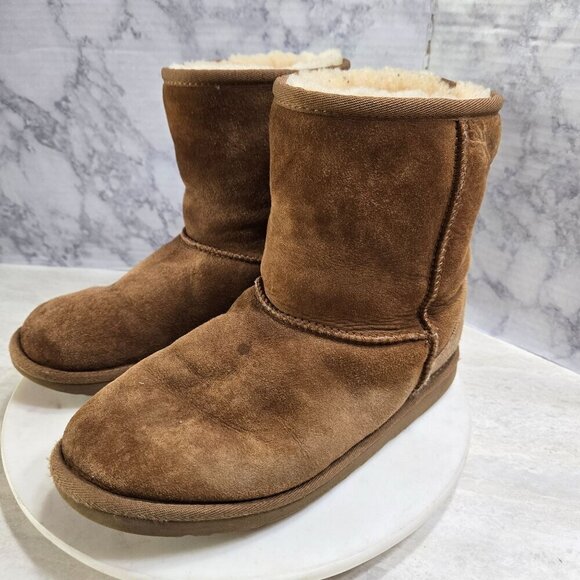 UGG Classic Short Boots Womens Size 5 Tan Suede Sheepskin Sherpa lined Warm - Picture 1 of 12
